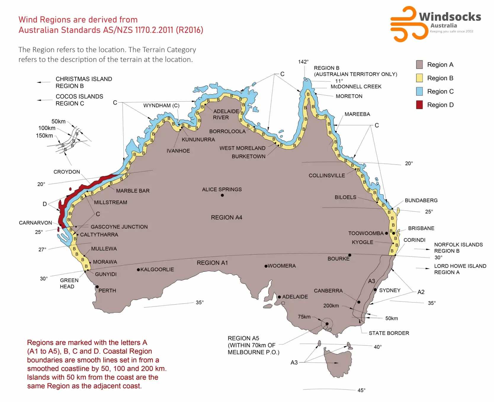 Australian wind regions map according to AS/NZS 1170.2:2011